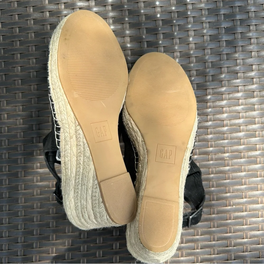 New GAP Black Suede Leather Espadrille Raffia Wedge Sandals, Size 11, Open Toe